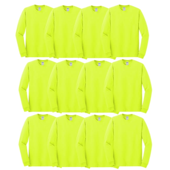 Gildan Heavy Cotton Men Hi Vis Workwear T-Shirt, Long Sleeve Crewneck 12 Pack Safety Green Tee, L