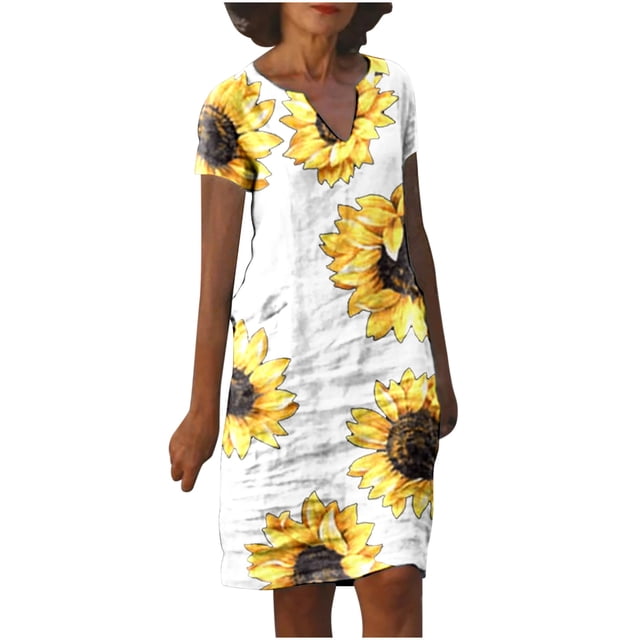 Pisexur Robe d'Été pour Femmes 2023 à Col en V à Manches Courtes Florale Décontractée de Plage Robes Imprimé Tournesol une Robe Midi en Lin