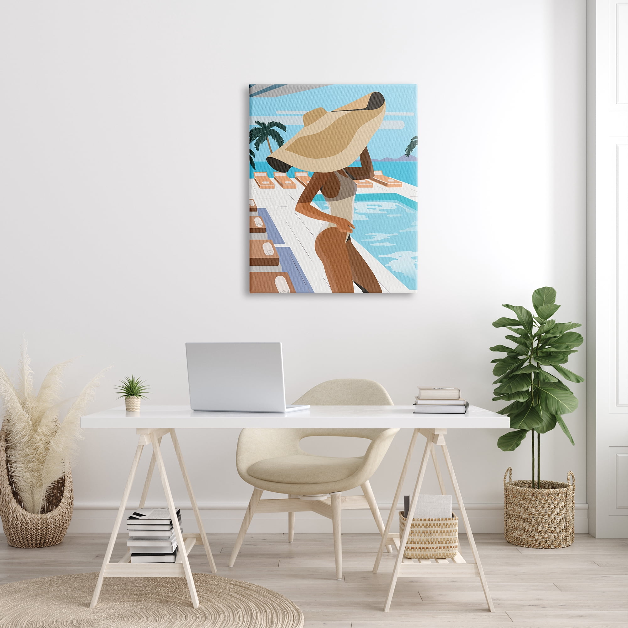 Stupell Industries Poolside Fashion Glam Pose Large Sun Hat Palms, 30 x 40, Designed by Ziwei Li