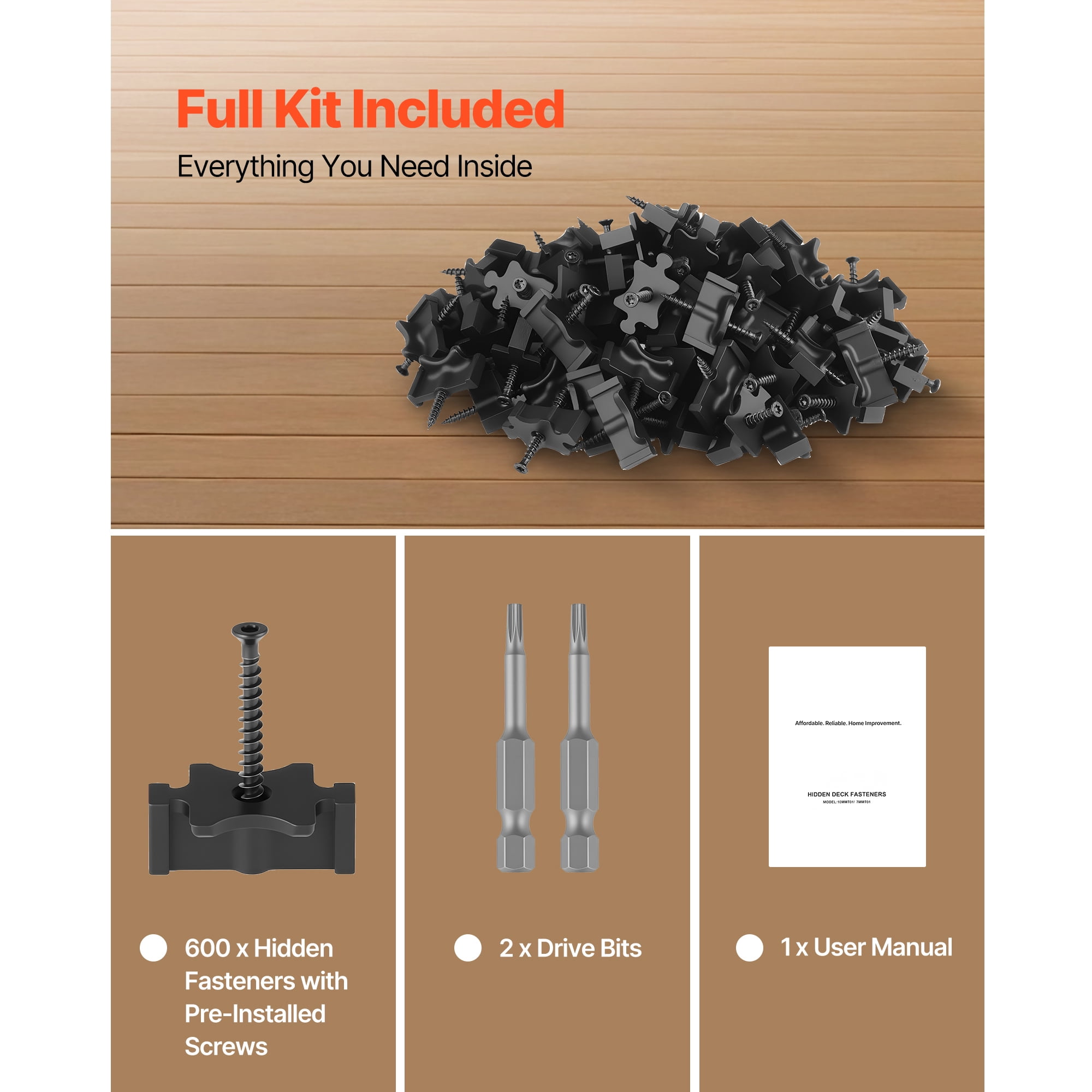 KFFKFF 600PCS Hidden Deck Fasteners for Composite Decking Boards, Universal T Clips & Plastic Fasteners with Metal Screws, Polypropylene Clips Compatible with 0.26-inch Gaps, Black