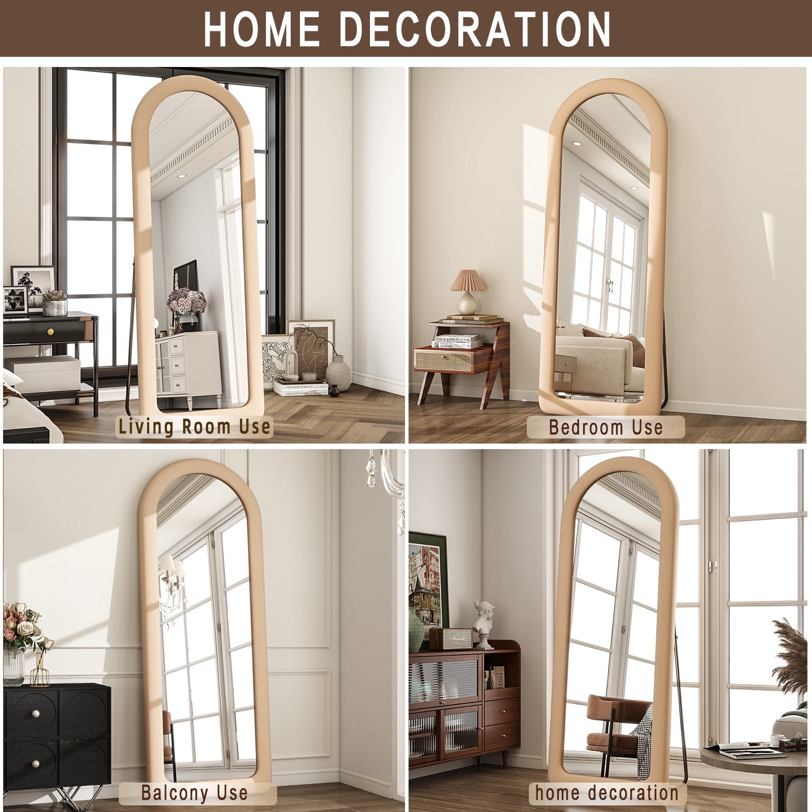 Anyrose 63"x24" Arch-Top Floor Mirror Round-Edge With Thick Flannel Frame, Light Brown