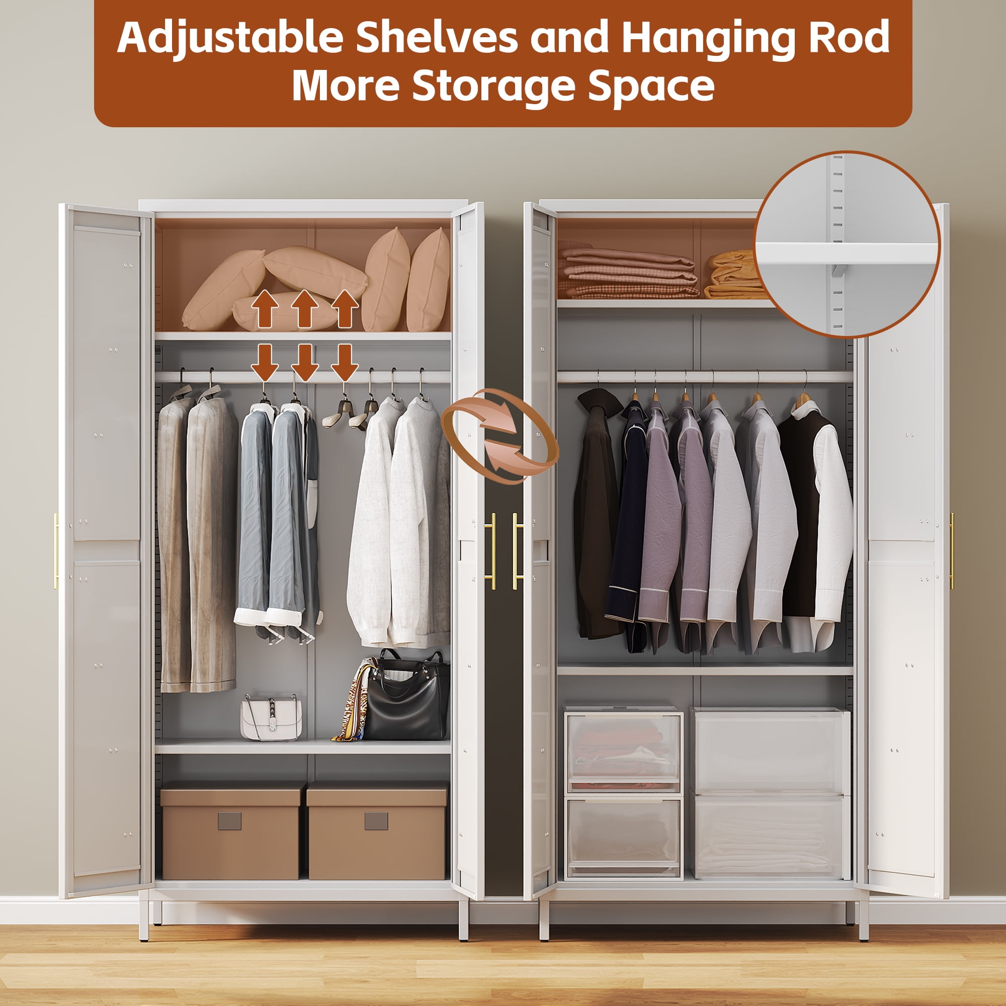 GangMei Metal Storage Cabinet Locker with Hanger Rod and Adjustable Shelves, Large Steel Cabinet for Living Room,Office,School,Gym,Garage,(White)