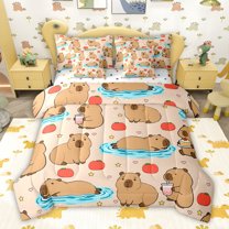 jejeloiu Brown Capybara 7-Piece Bedding Comforter Set,Capybara Lovers King Bedding Sets For Animals Lover Reversible