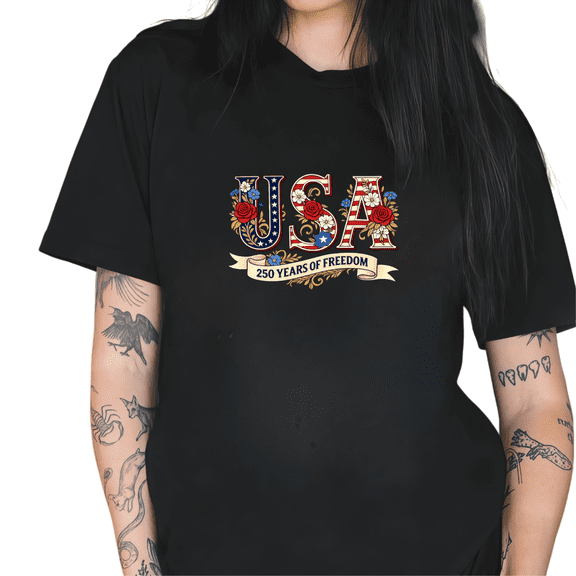 Cozymy Women's "USA 250 Years of Freedom" 4th of July Patriotic Floral Vintage Graphic Short Sleeve Crewneck T-Shirt S-5XL