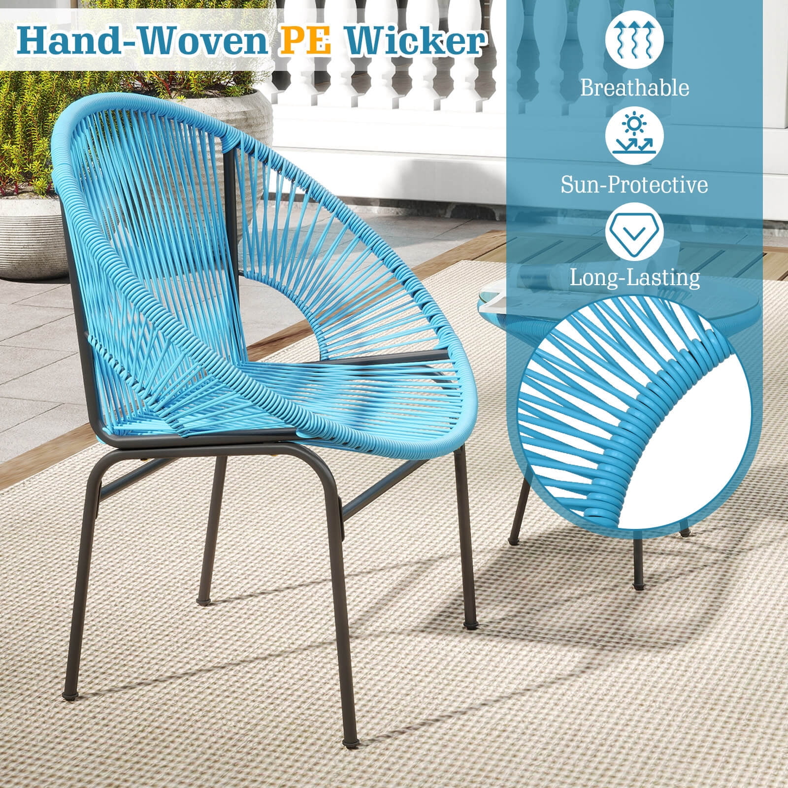 Costway 3PCS Patio Acapulco Furniture Bistro Set Plastic Rope Glass Table Turquoise