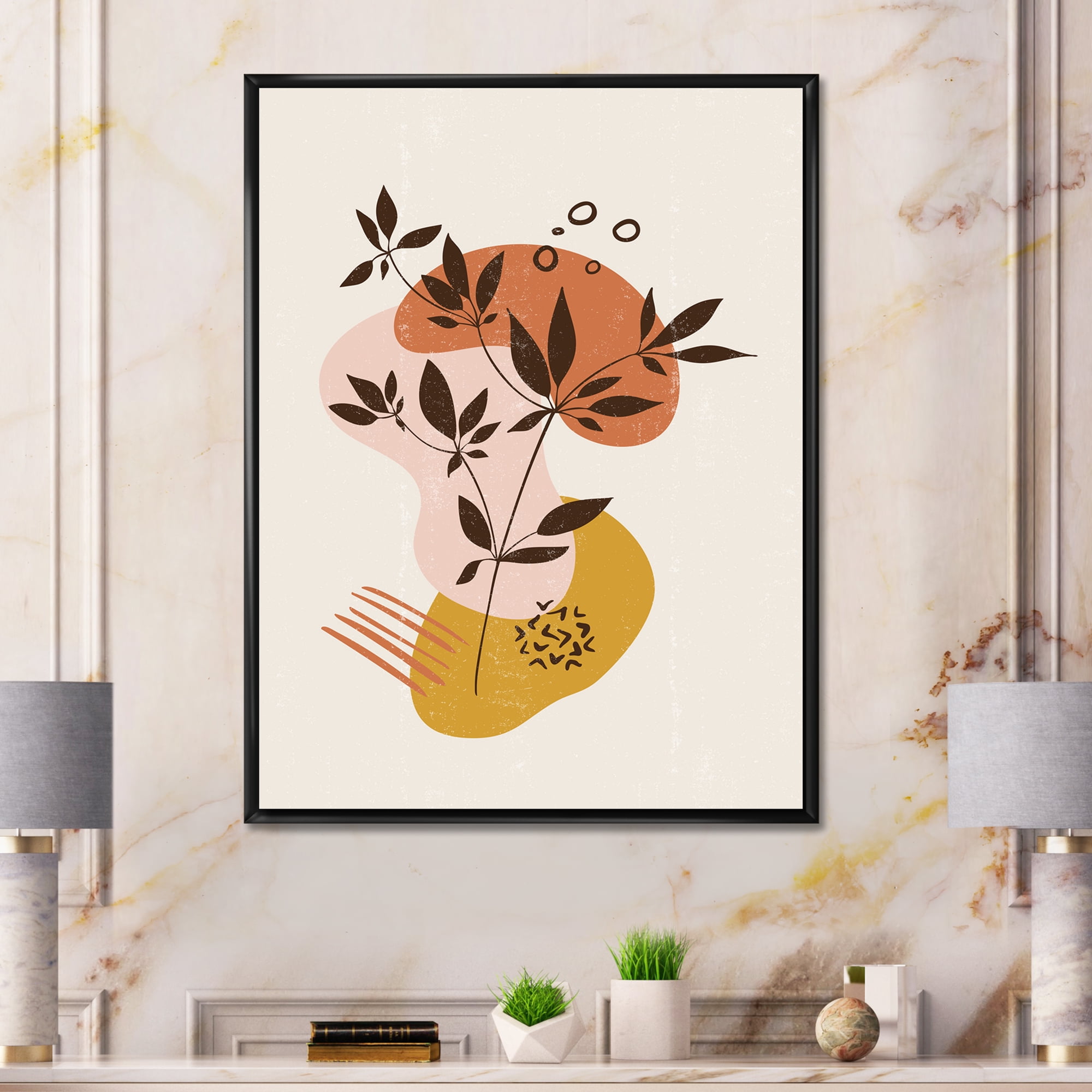 Designart 'Minimalist Shapes With Ancient Plant II' Modern Framed Canvas Wall Art Print
