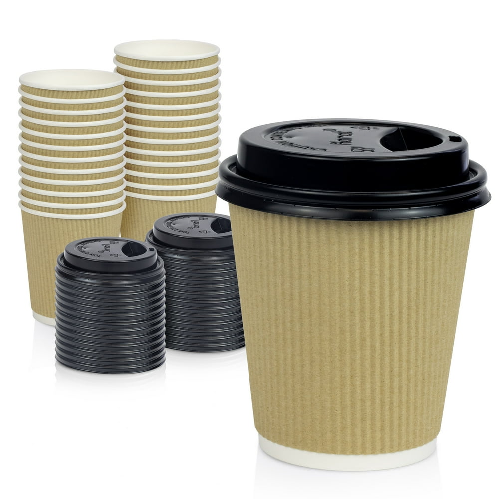 [50 Pack] Disposable Hot Cups with Lids 10 oz Brown Double Wall