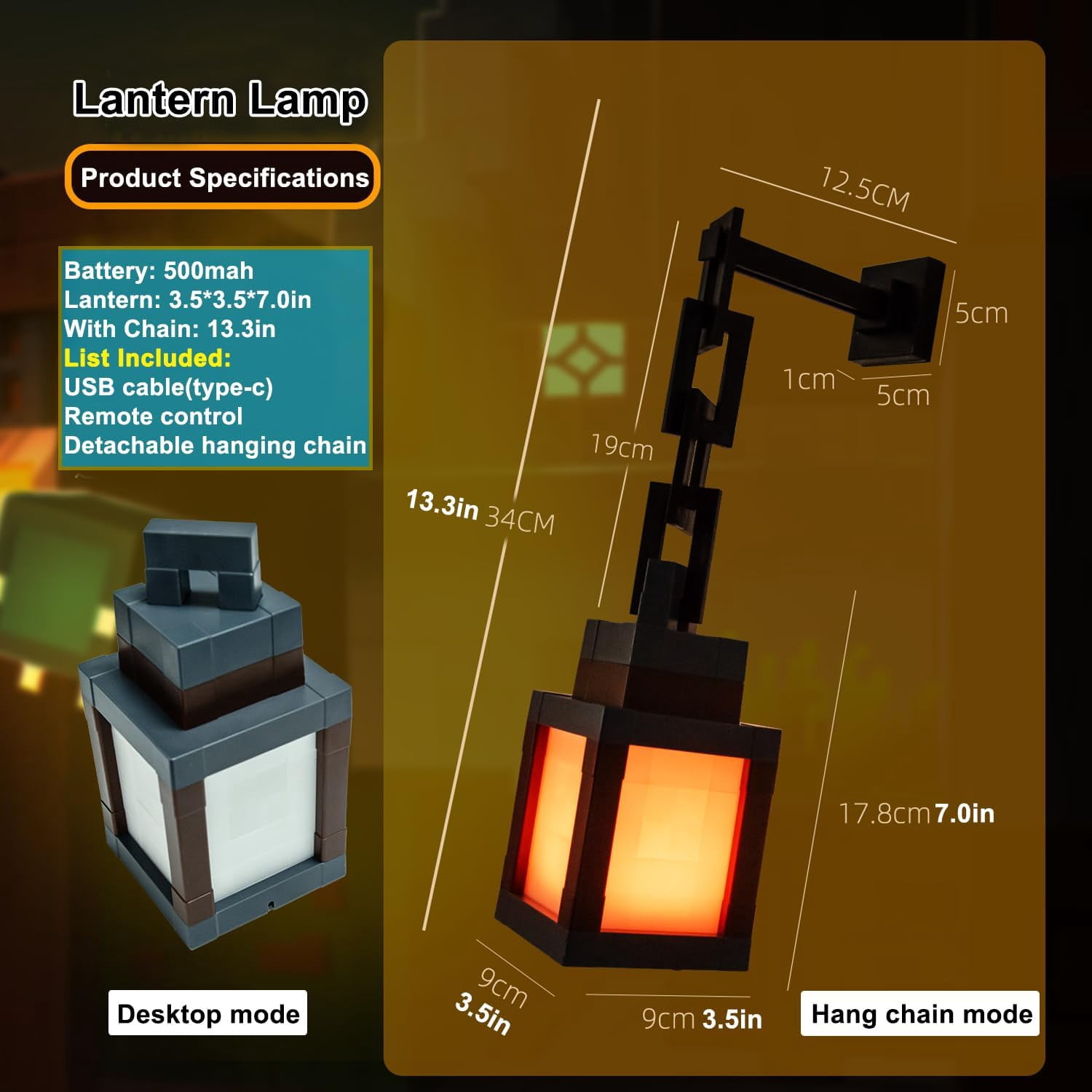 Pixelated Lantern Night Light, 2026 Xmas Gift LED 16 Colors Change Hanging Lantern Lamp from Minecraft - Rechargeable Wall Tabletop Night Lights for Gamer Boys Girls Man Bedroom Game Room Wall Decor