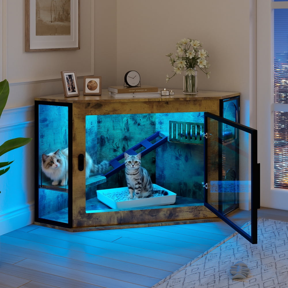 48" Corner Cat Litter Box Enclosure, Modern Hidden Cabinet with Acrylic Door & LED Light, Cat House with Playground & Stairs
