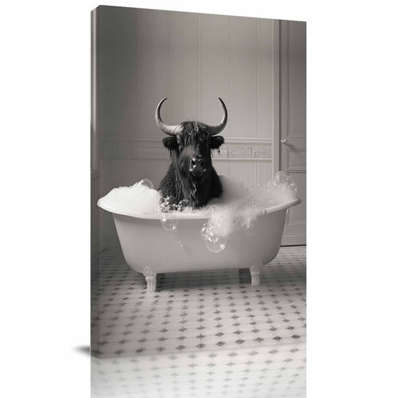 Bathroom Decor Wall Art,Highland Cow in Bathtub,Black and White Wall Art Decor Signs,12 in x 18 in