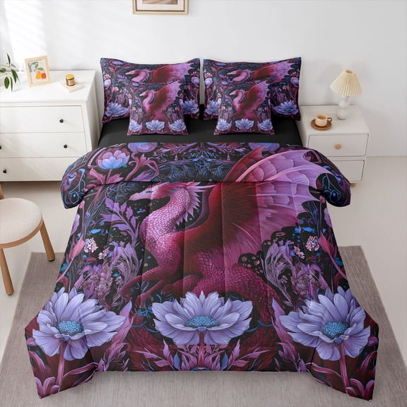 Erosebridal Purple Floral Dragon Twin Bedding Sets 7-Piece For Teens,Exotic Style Animal Flowers Bedding Comforter Set For Boys Girls,Black Reversible