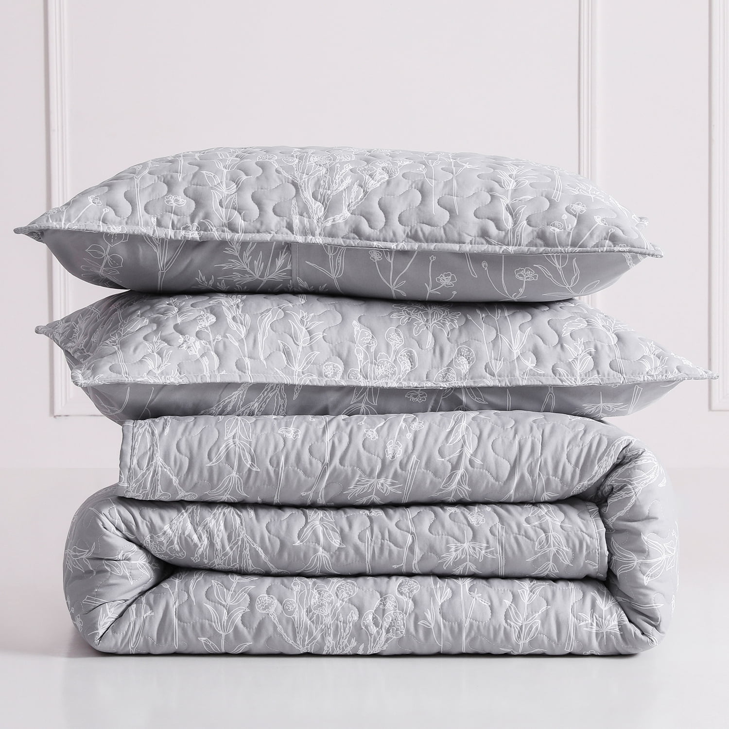 SLEEPBELLA Grey Quilt Set King Size 3Pcs, Grey Printed with White Botanical Pattern, All Season Lightweight Coverlet Sets(King 106x96, Grey Botanical)