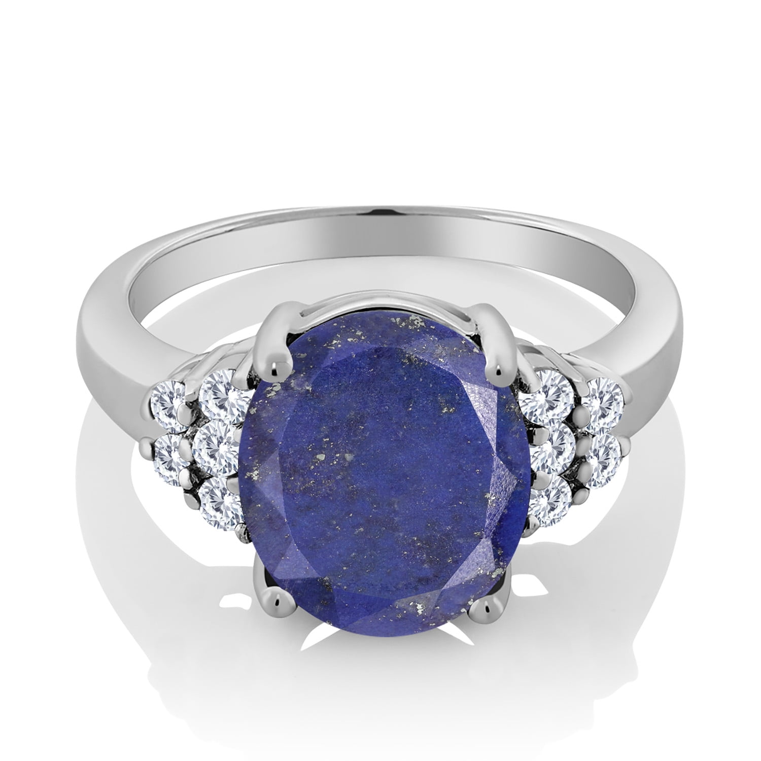 Gem Stone King 925 Sterling Silver Ring Oval Blue Lapis and Moissanite (4.38 Cttw, Size 5)