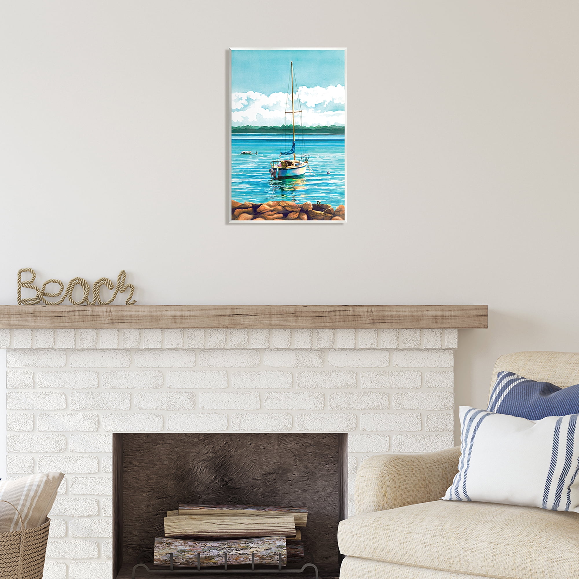 Stupell Industries Sailboat Rocky Shoreline Nature Painting Unframed Art Print Wall Art, 13 x 19