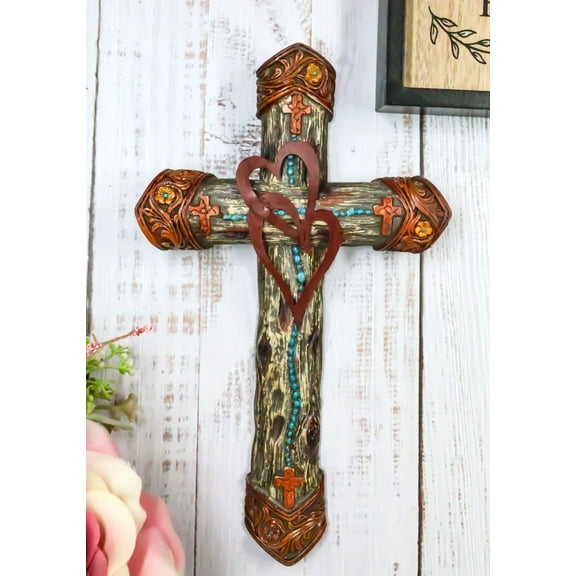 2 Intertwined Hearts Valentine Floral Scrollwork Turquoise Beads Wall Cross