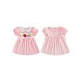 thumbnail image 2 of BemeyourBBs Toddler Baby Girl Back to School Dresses Kids Kindergarten Outfits Baby Girl Summer Dress with Bows Striped Apple Embroidered Puff Short Sleeve Doll Collar Causal A-line Dress, 2 of 9