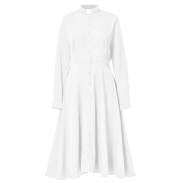 GRACEART Church Priest Clergy Dress for Women Long Sleeve A Line Elegant Maxi Dress with Tab Insert Stand Collar and Belt
