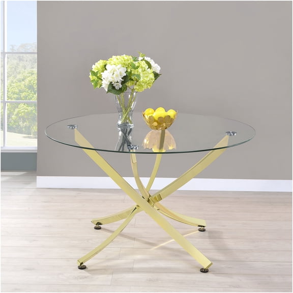 JERFIT Modern Round Dining Table with Brass Metal Base and Clear Glass Top for Small Space