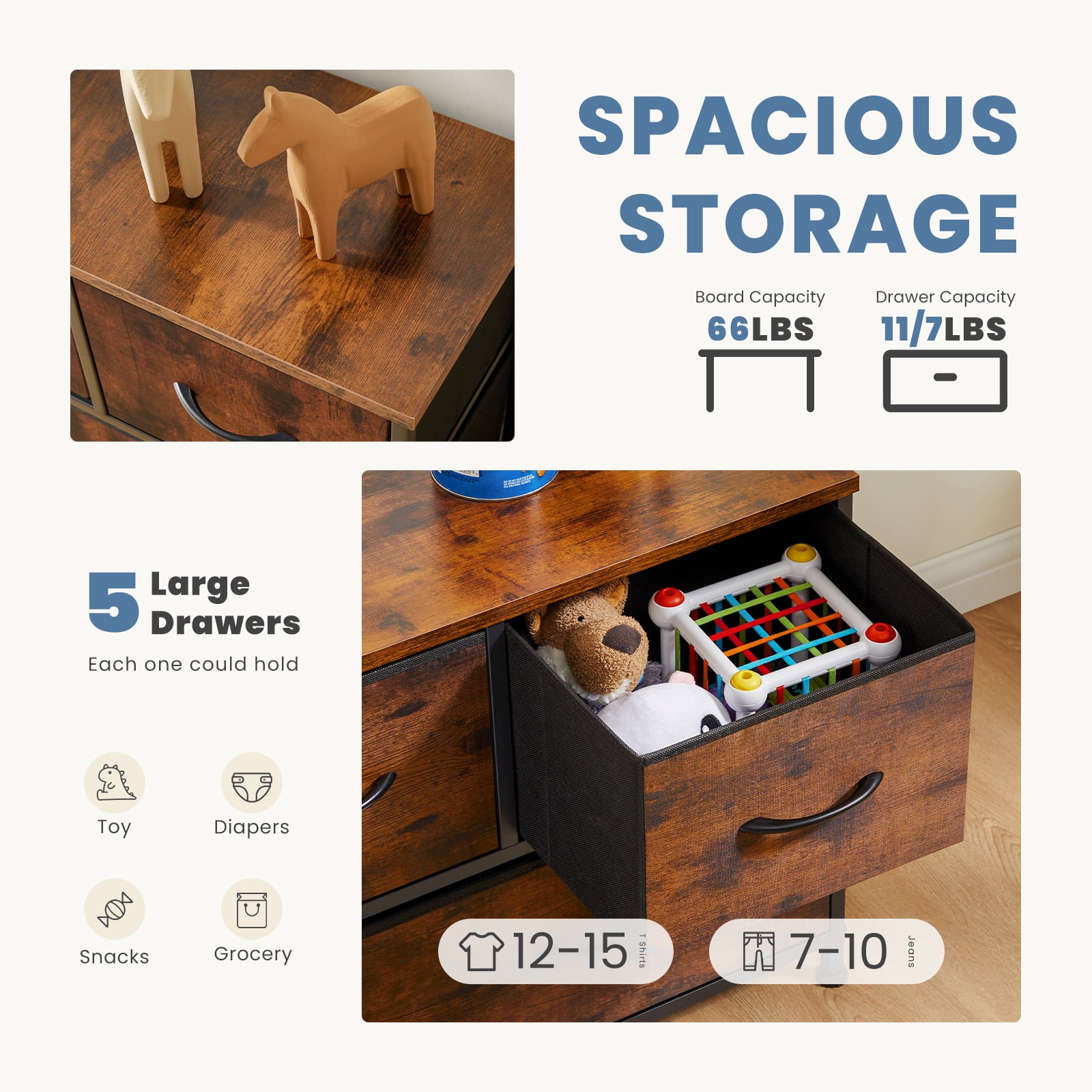 CONCETTA Dresser 5 Fabric Storage Drawer Dresser, TV Stand, Chest of Drawers for Bedroom, Closet, Entryway, Living Room, Rust