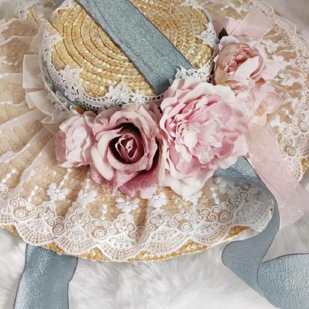 Sweet Tea Party Bonnet Lolita Flower Ribbon Sunshade Straw Hat Lace Sun Hat Vintage Flowers Flat Hat Pastoral Style Straw Hats