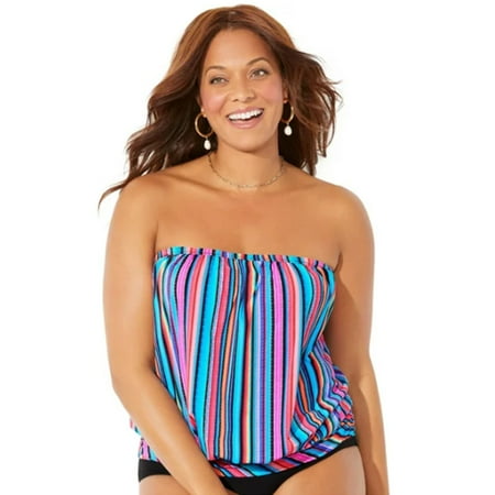 Rigardu Hot Sale!! Two Piece Bandeau Tankini Swimsuits for Women Loose Strapless Swim Top with Bikini Bottom Tummy Control Bathing Suits Covering Stripes Printed Bust Split Swimsuit
