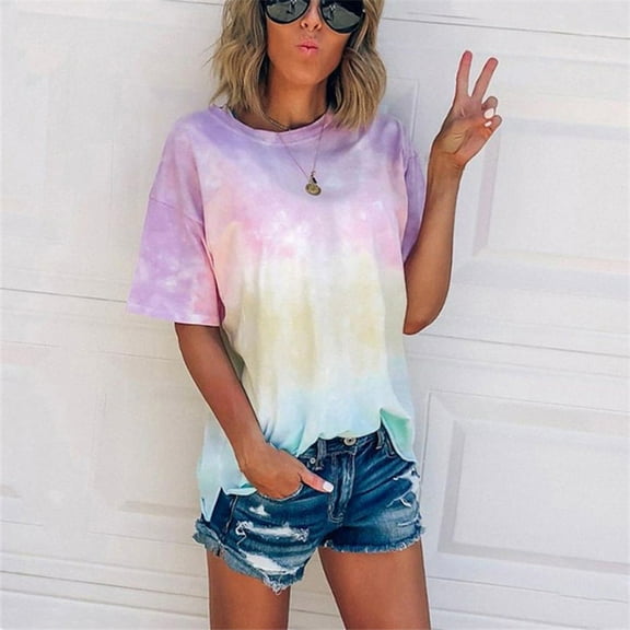 Womens Summer Plus Size Tops - Women's Summer Tie Dye Short Sleeve Tunic Tops Crew Neck Casual Plus Size Tee Shirts