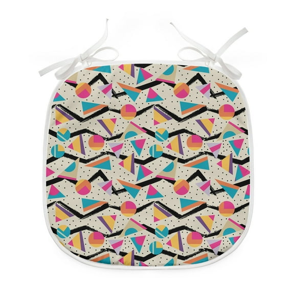 Vintage Dining Chair Pad, Vintage 80s Style Geometrical Pattern with Triangles and Circles in Memphis Fashion, Water Resistant Pillow with Straps for Seats, 8 Pieces Set, Multicolor, by Ambesonne