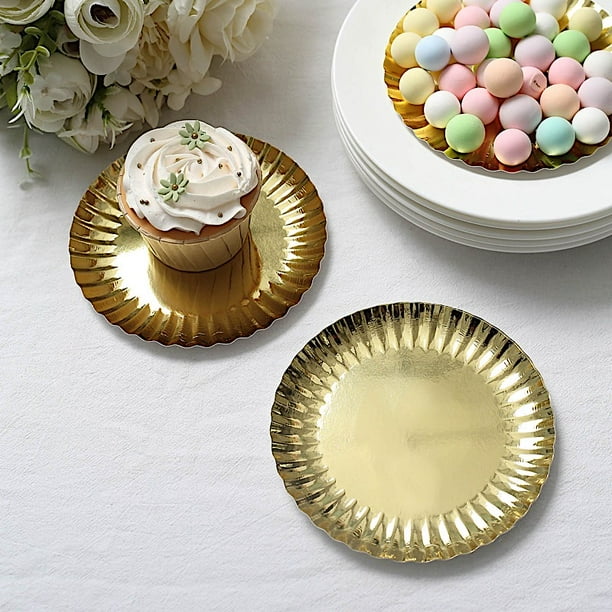 BalsaCircle 50 Metallic Gold 5" Round Disposable Dessert Paper Plates
