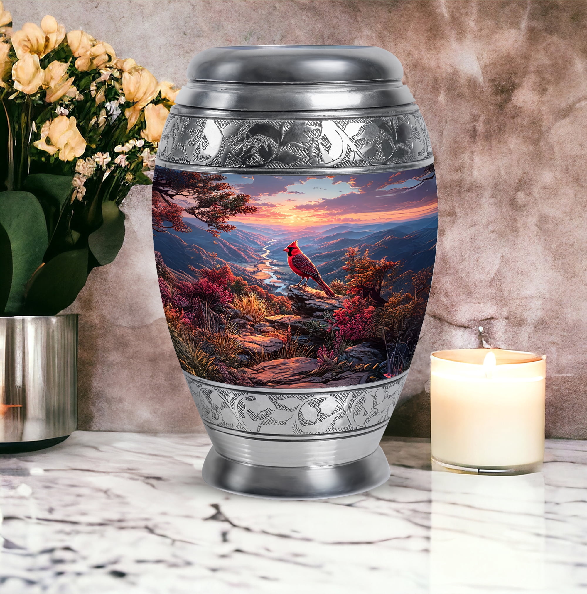 Cardinal Bird Cremation Urn For Adult Male And Female, 1 Large Blue Decorative Urns For Women, Sunset Funeral Urn For Mother, Grey Small Urns For Human Ashes Set Of 4, (10&3) Inch