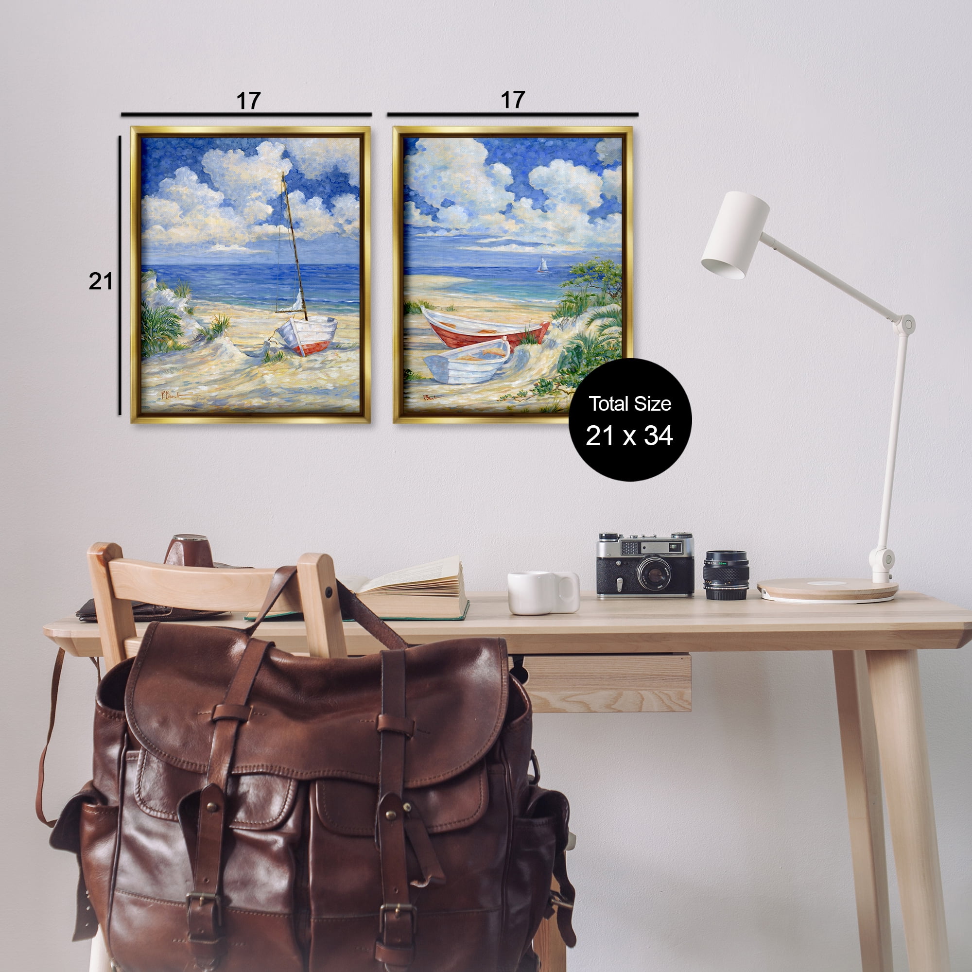 Stupell Industries Row Boat on Sandy Beach Nautical & Beach Painting Gold Floater Framed Canvas Art Print Wall Art, 17 x 21, Set of 2