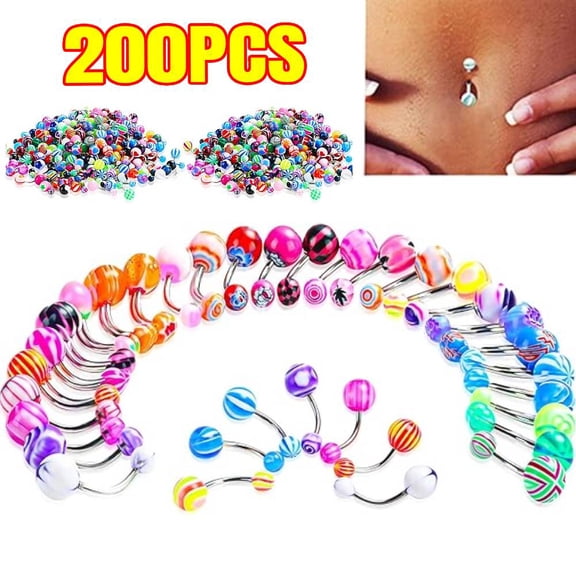 200 Pieces Belly Button Rings Bulk Colorful Body Piercing Jewelry Navel Barbell Body Stainless Steel Belly Rings Piercing Jewelry for Women