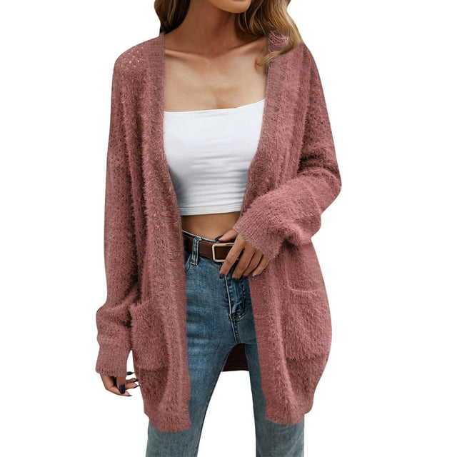 Gibobby Cárdigan para mujer Suéter de Punto Ligero con Frente Abierto para Mujer Ensambles de Dama Cardigan Elegante de Jersey Abrigos Largos(Rosa caliente,CH)