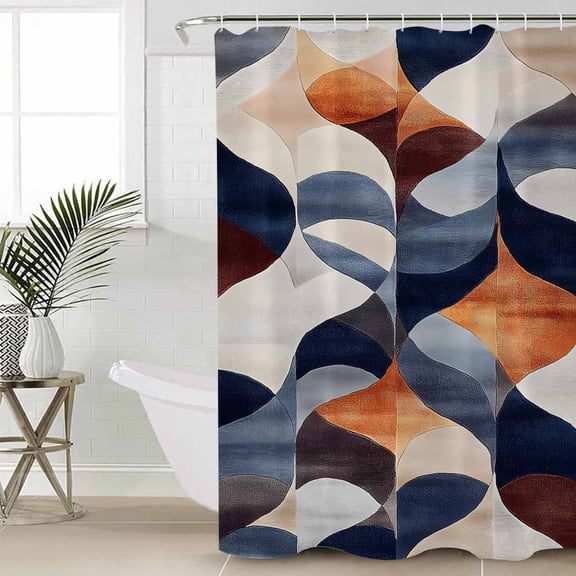 Navy Blue Burnt Orange Long Shower Curtain Set, Waterproof Shower Curtains for Bathroom, Retro Geometric Abstract Washable Fabric Cloth Bath Curtain for Bathtub Decoration with Hooks 72x84 Inches