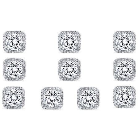 Paris Jewelry 18k White Gold 2Ct Square White Sapphire 5 Pair Halo Stud Earrings Plated