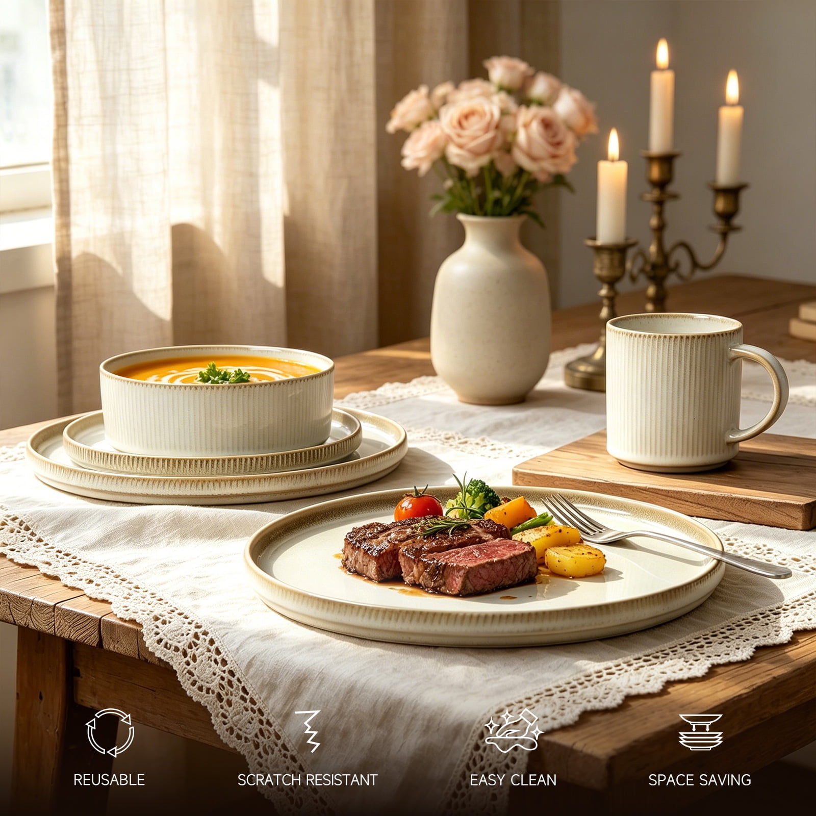 ALOFMO Stoneware Dinnerware Sets, Plates and Bowls Sets, Dish Set for 4, 12 Piece Dinner Set, Plate Sets for Kitchen, Cappuccino White
