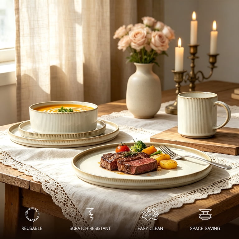 ワールドレップサービスナチュラルクリーム2本セット ALOFMO Stoneware Dinnerware Set for 4, Beige, 16-Piece Ceramic
