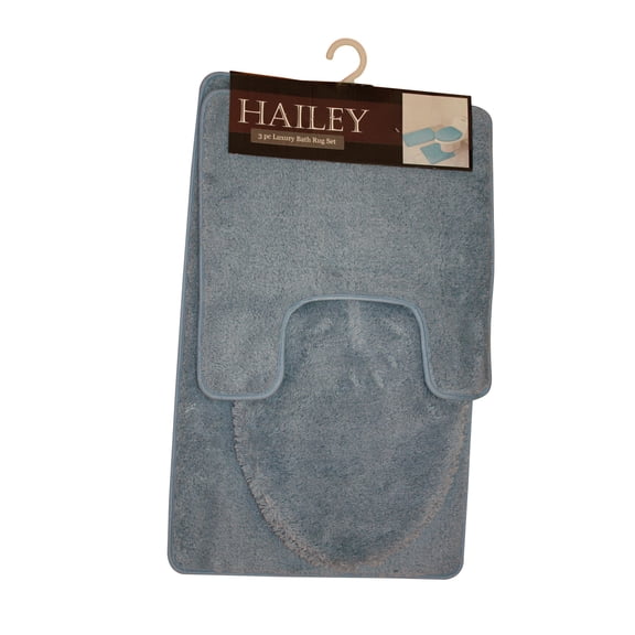 Kashi Home Hailey 3 Piece Bath Rug Set, Bath Mat, Contour Rug, Toilet Seat Lid Cover, Soft Pile, Water Absorbent Solid Color (Light Blue)