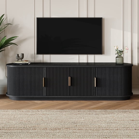 Atumcto Farmhouse TV Stand for TVs up to 75", Fluted Media Console with Sliding Door, Adjustable Shelves and Cable Management, Black Finish