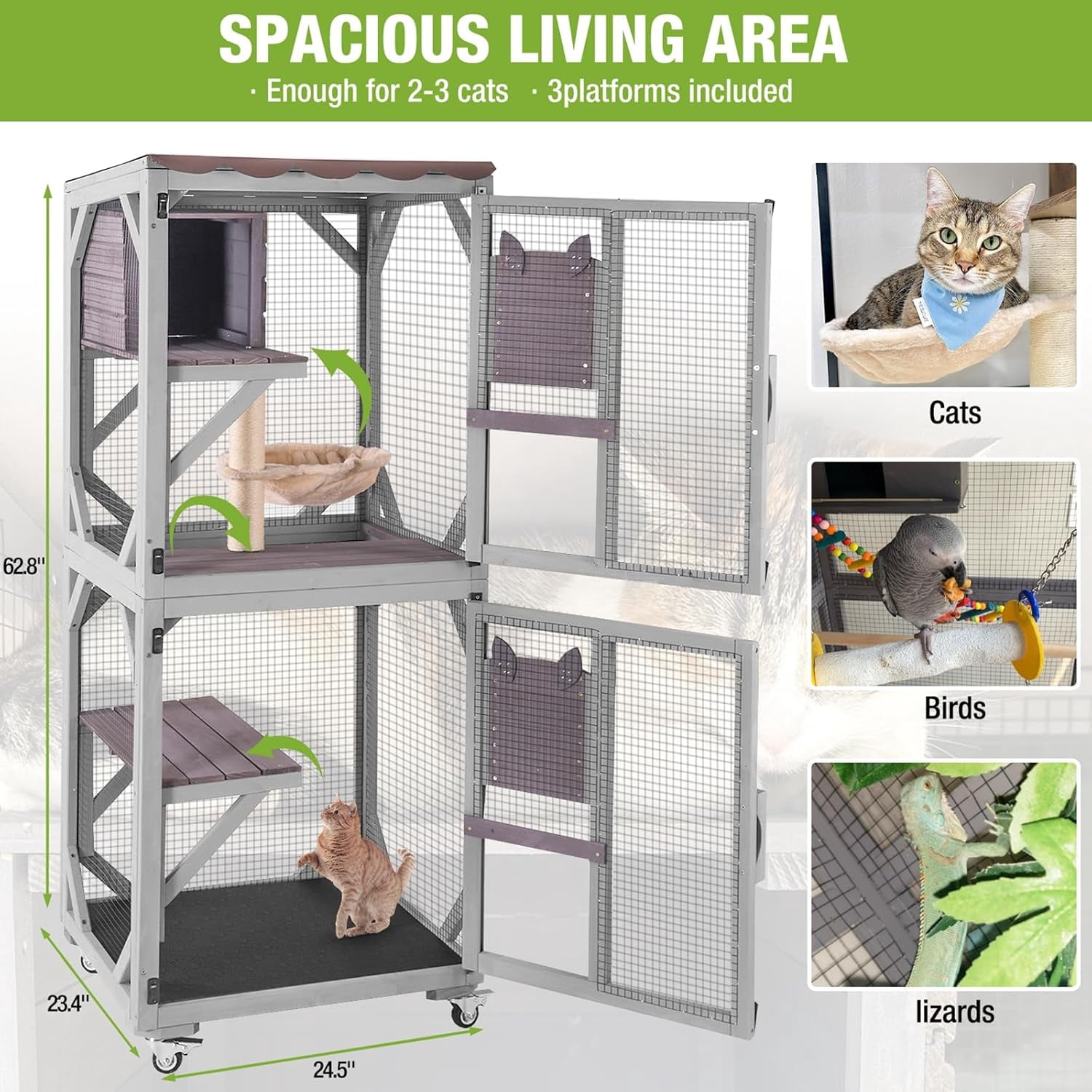 MEDEHOO Cat House Outdoor Catio for Cat Enclosure on Wheels 62.5" Large Kitty Shelter with Waterproof Cover,Indoor Cat Cage with Resting Room,Platforms