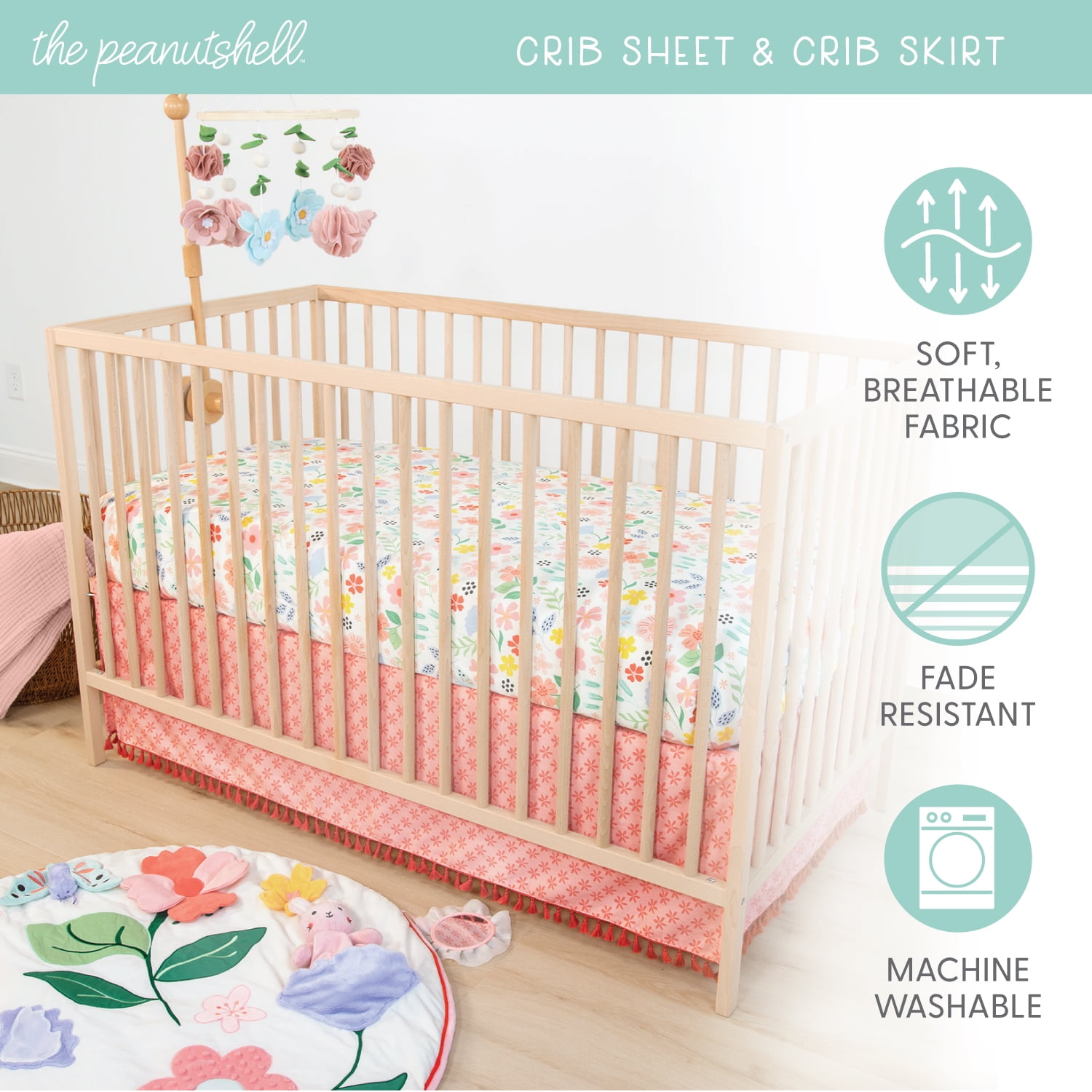 The Peanutshell Floral Baby Crib Bedding Set with Play Mat, Plush, Fitted Sheet & Crib Skirt