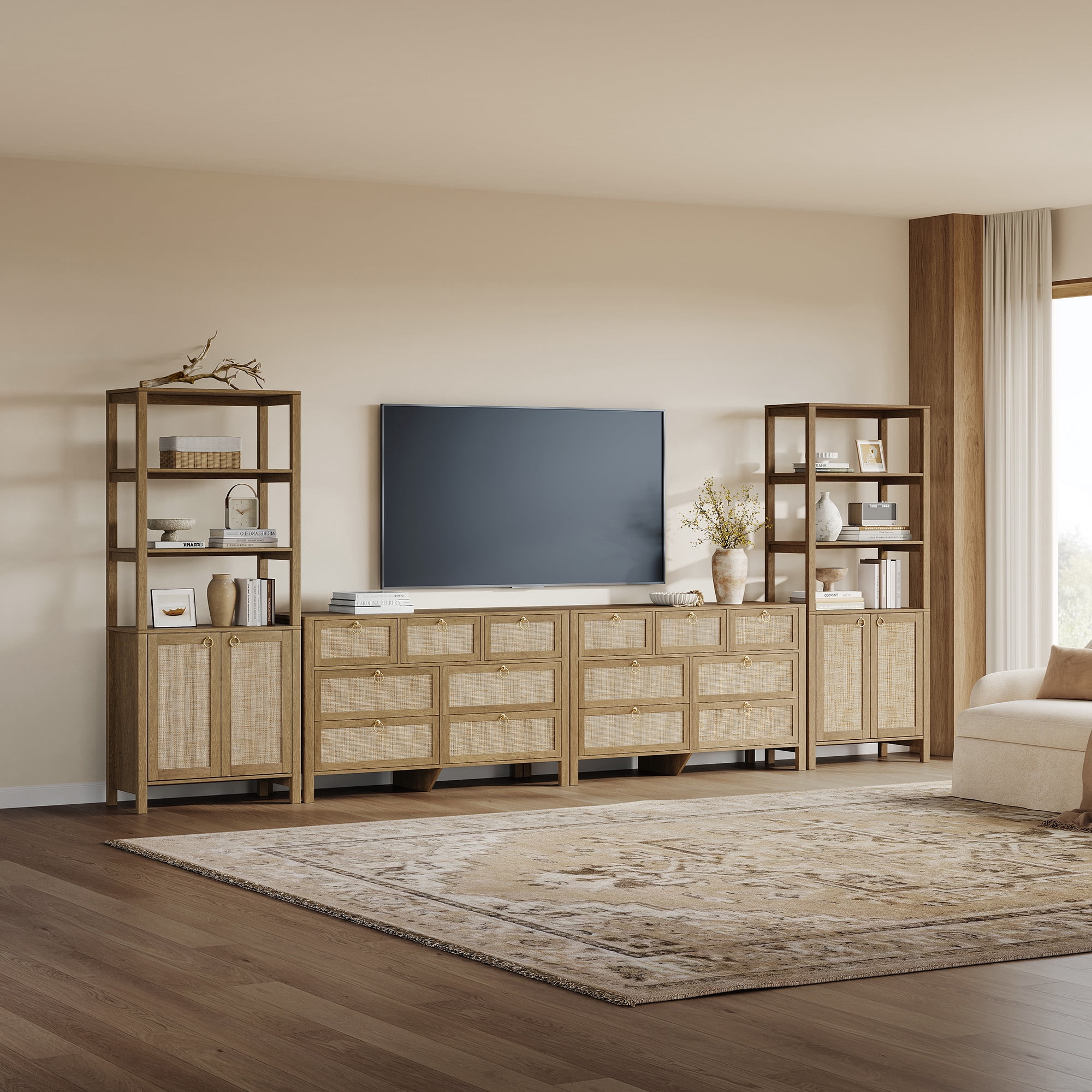 SICOTAS 51.18" Wide Boho Dresser with 7 Storage Drawers,Rattan Chest of Drawer for Bedroom, Large Capacity Organizer TV Center for Living Room in Carbon Cherry Oak