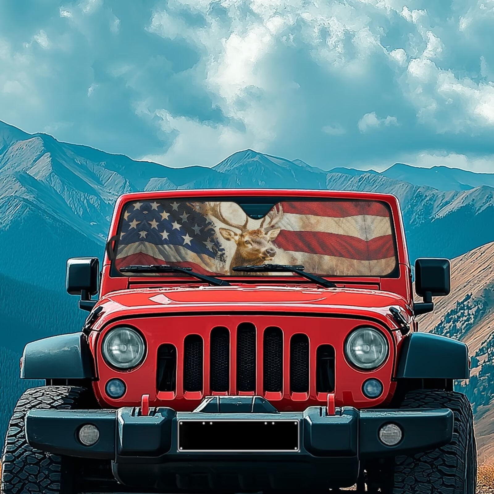 HUIAOCNG American Flag Deer Windshield Sunshades Sun Visor for UV Rays & Heat Protection, Suitable for Wrangler, Compass, Gladiator & Renegade , Accessories for Jeep Wrangler, X-Small - 60x21 inches