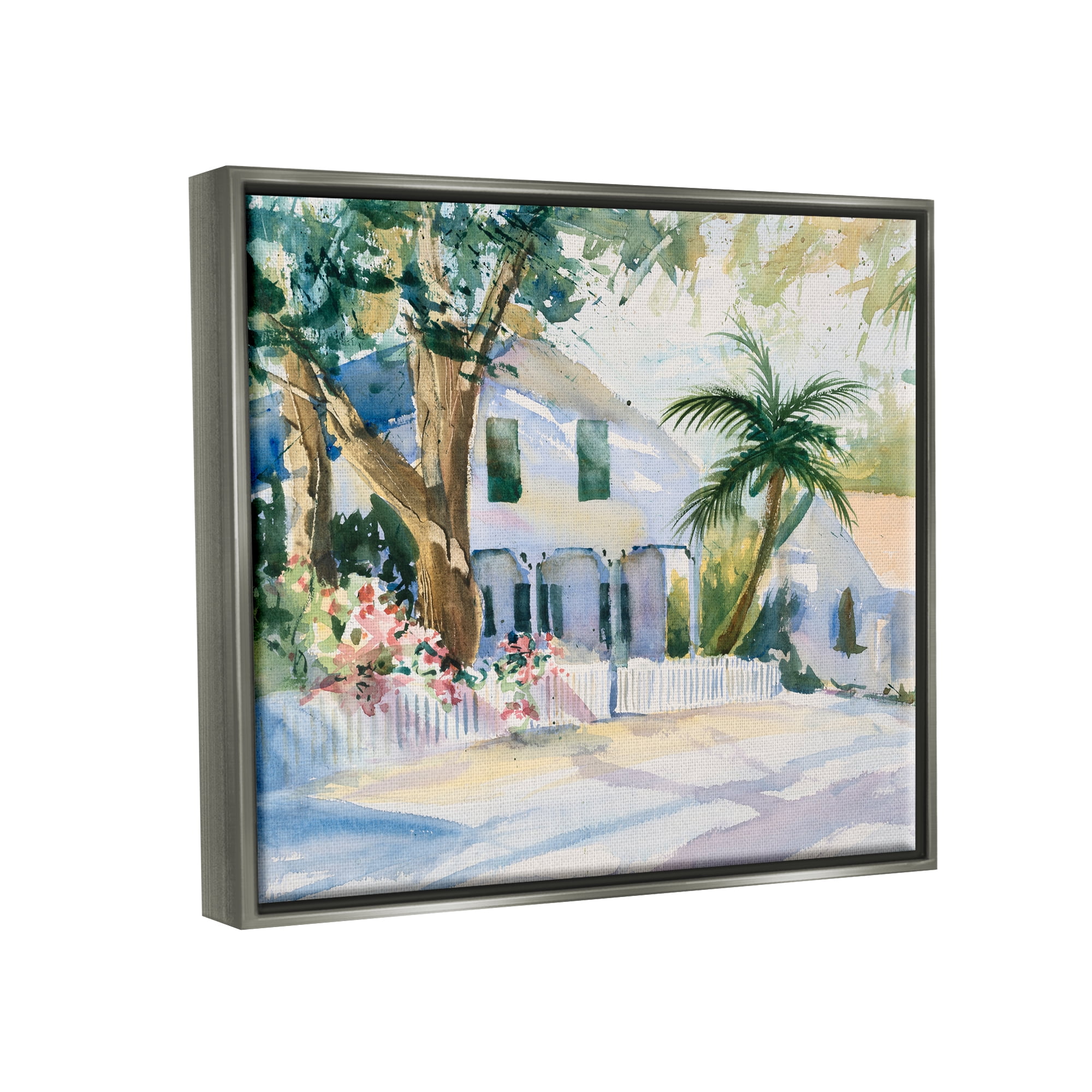 Stupell Industries Seaside Neighborhood Palm Trees Coastal Painting Gray Floater Framed Art Print Wall Art