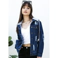 thumbnail image 3 of Women's Detachable Hoodie Denim Jacket Ripped Distressed Oversized Jean Coat W Pockets, Indigo, X-Large, 3 of 5