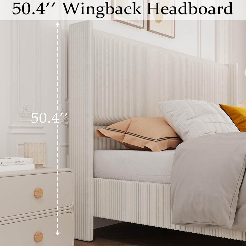 Towallmark Queen Bed Frame, Corduroy Upholstered Wingback Headboard, No Box Spring Needed Solid Wooden Slats Noise Free, Beige Platform Bed