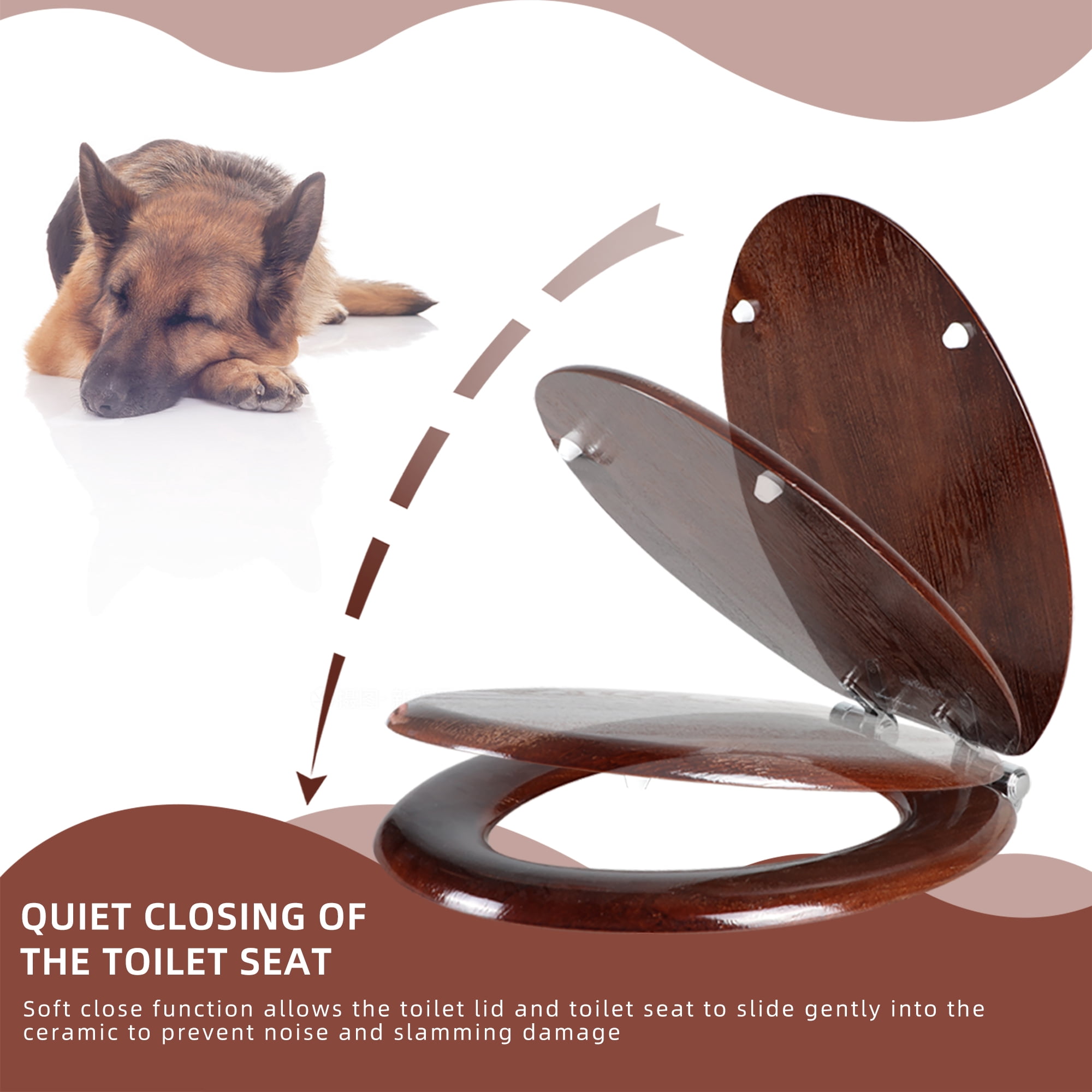 Angol Shiold Wood Elongated Toilet Seat with Quiet Close, Easy Clean, Quick-Release Metal Hinges ( Elongated 18.5'', Dark Walnut )