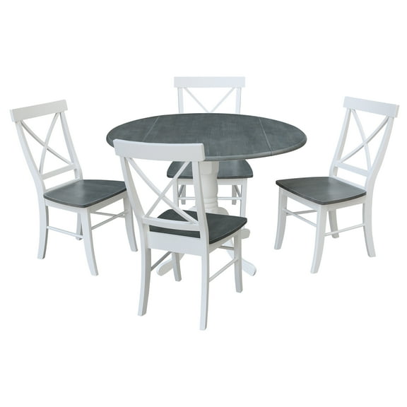International Concepts Solid Wood 5-Piece Dining Set with 42 in. Dual Drop Leaf Dining Table and 4 Cross Back Chairs in White/Heather Gray