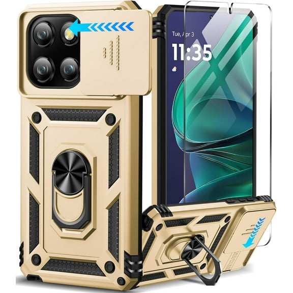 for Motorola Moto G Stylus 2025 Case with Screen Protector & Slide Camera Lens Cover, Built-in Ring Stand Shockproof Protective Phone Case for Moto G Stylus 5G 2025 Case (Gold)