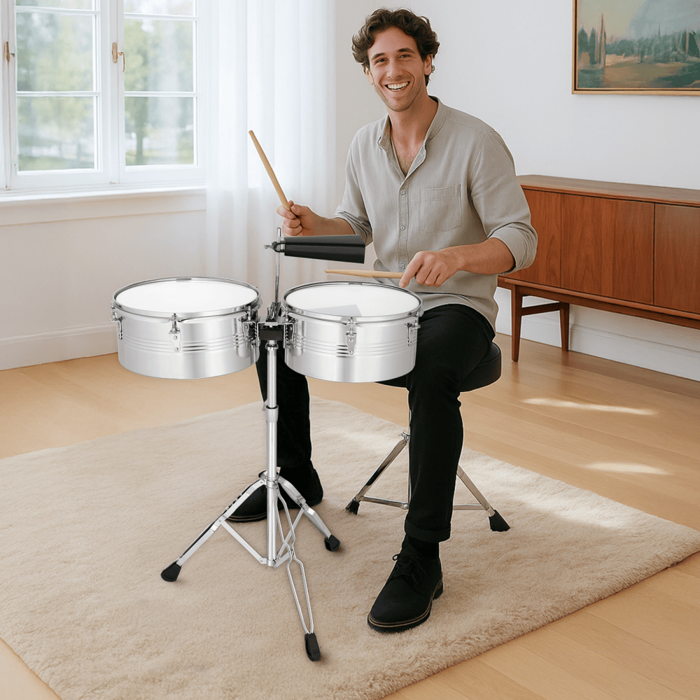 Tcbosik 13" & 14" Timbale Drum Set with Stand and Cowbell, Beginner Percussion Kit, Silver