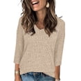 thumbnail image 2 of ManxiVoo Womens Brushed Striped V Neck Tee Shirt Artistic Retro Inspired Three Quarter Sleeve Top L Size Beige, 2 of 7